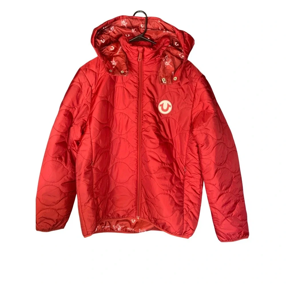 True Religion Mens Red Quilted Hooded Puffer Jacket Detachable Style108821 SizeM